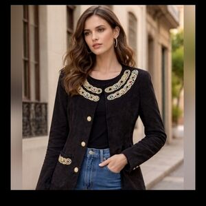 Vintage Suede Black Blazer Jacket Skirt Suit 90s Jewels Glam Office Evening USA